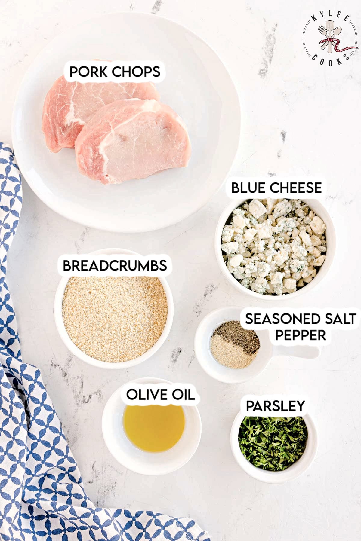 Ingredients in bowls: pork chops, blue cheese, breadcrumbs, olive oil, parsley, and a mix of seasoned salt and pepper. Text on the image says 'PORK CHOPS', 'BLUE CHEESE', 'BREADCRUMBS', 'SEASONED SALT PEPPER', 'OLIVE OIL', and 'PARSLEY'.