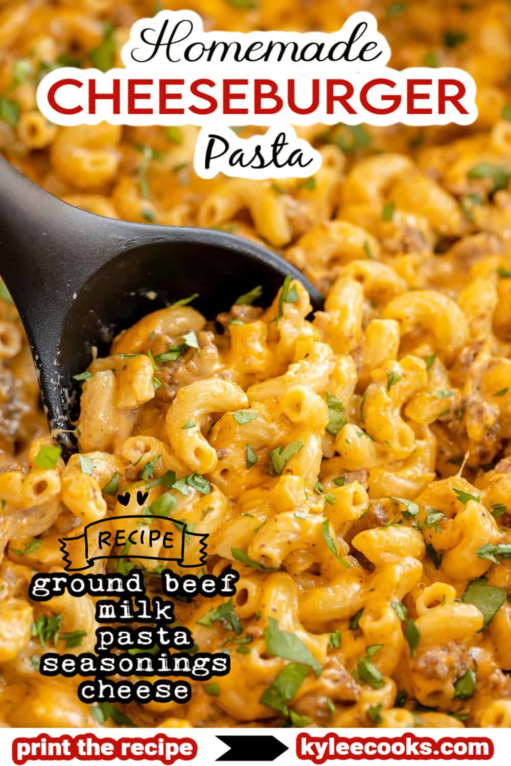 cheeseburger pasta with recipe name overlaid in text.