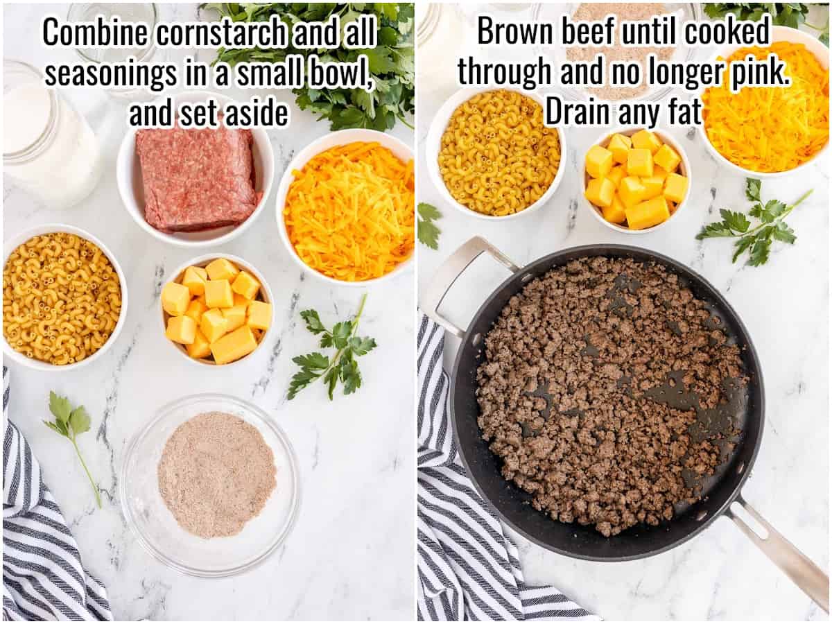 Collage of process images showing making macaroni pasta.