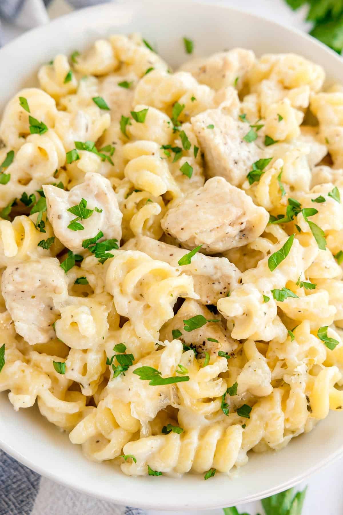 A white bowl filled with rotini pasta, chicken, and melted cheese.