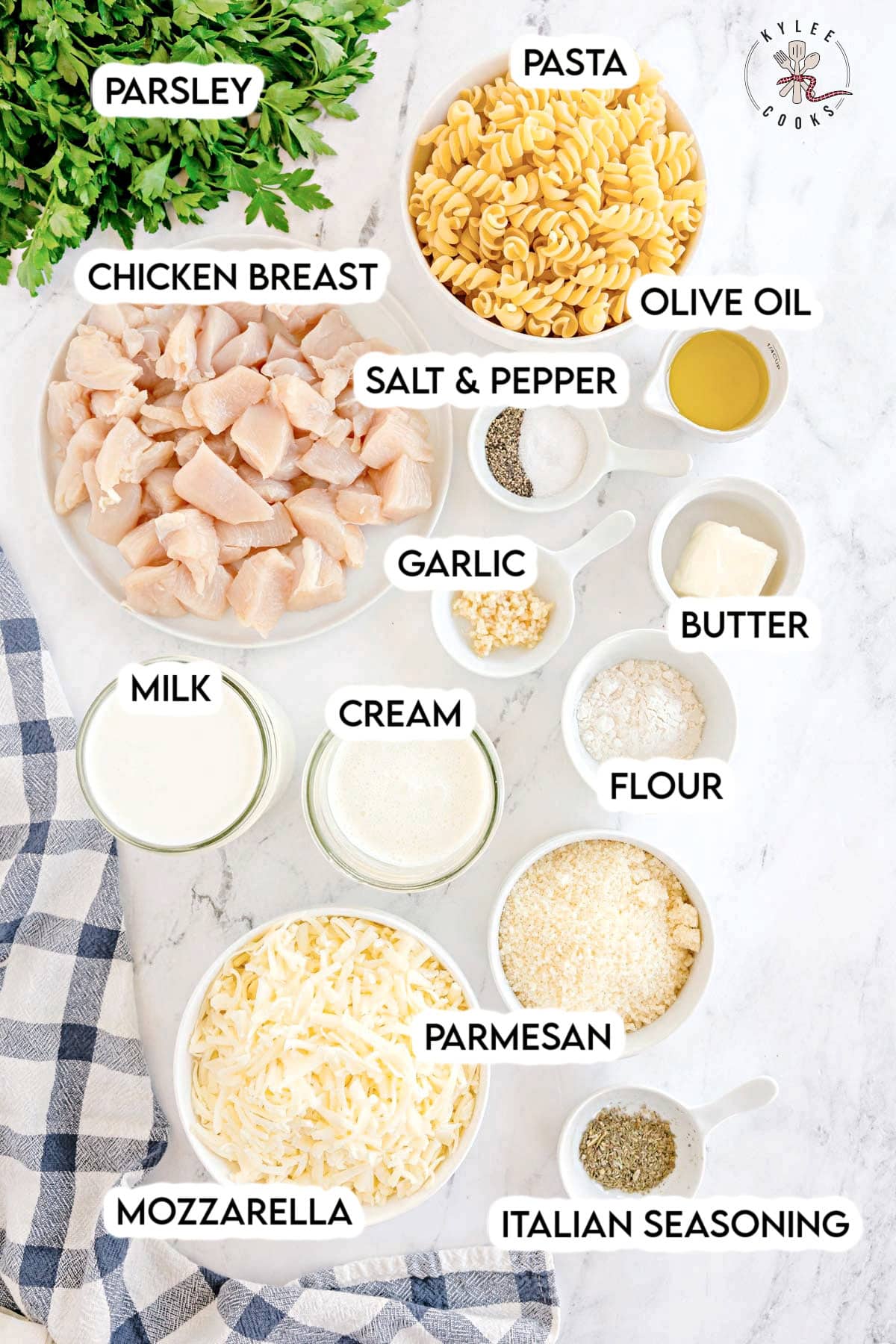 Individual bowls of labeled ingredients for chicken Alfredo pasta bake. Text on the image says 'Parsley, Pasta, Chicken Breast, Olive Oil, Salt & Pepper, Garlic, Butter, Milk, Cream, Flour, Parmesan, Mozzarella, Italian Seasoning'.