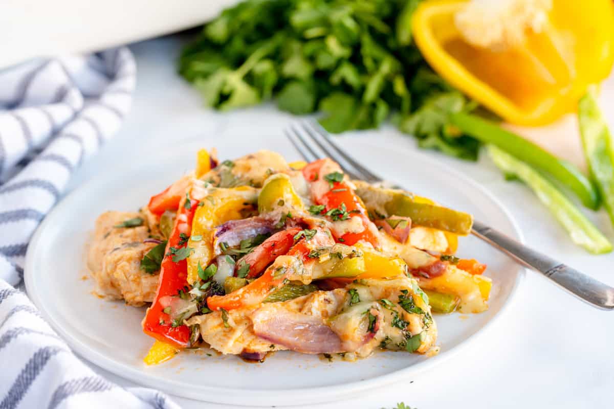 Chicken Fajita Casserole on a white plate