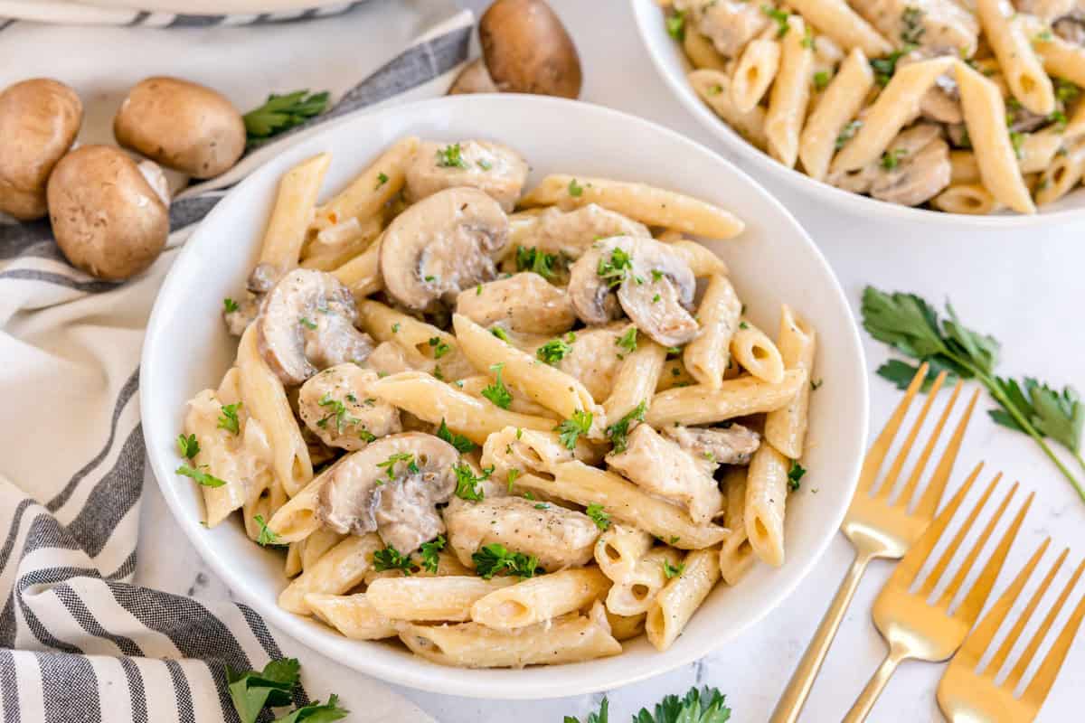 A white bowl l of creamy chicken and mushroom pasta.