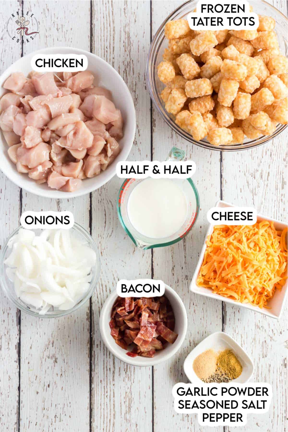 ingredients to make chicken tater tot casserole laid out and labeled.