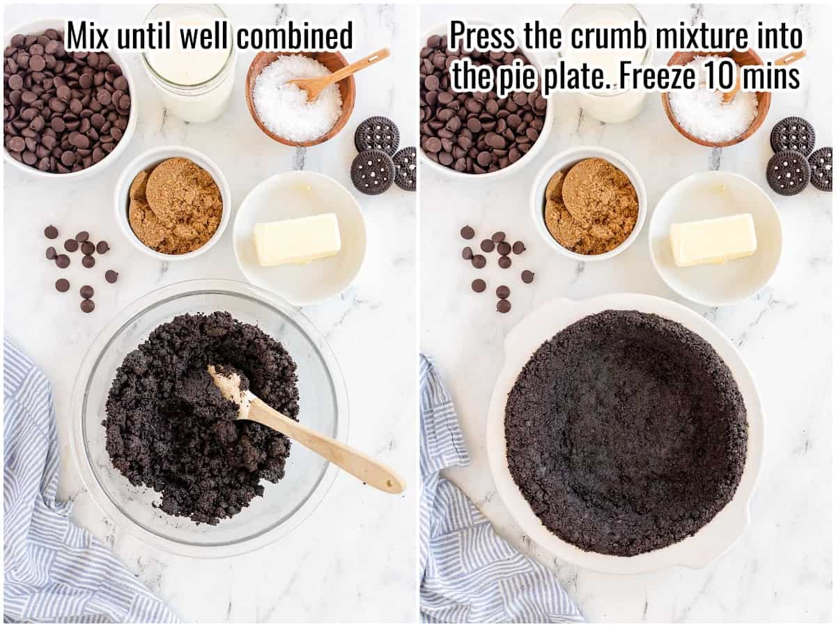 collage of process for making a chocolate pie crust.