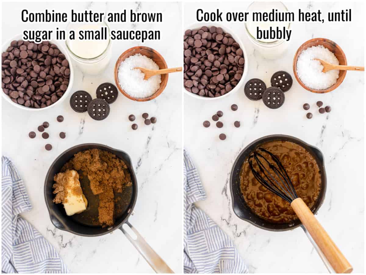 collage of process for making caramel filling for chocolate pie.