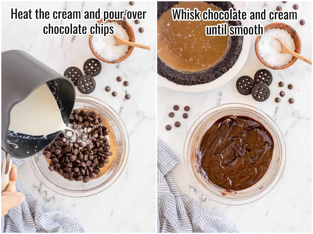 collage of process for making ganache for chocolate caramel pie.
