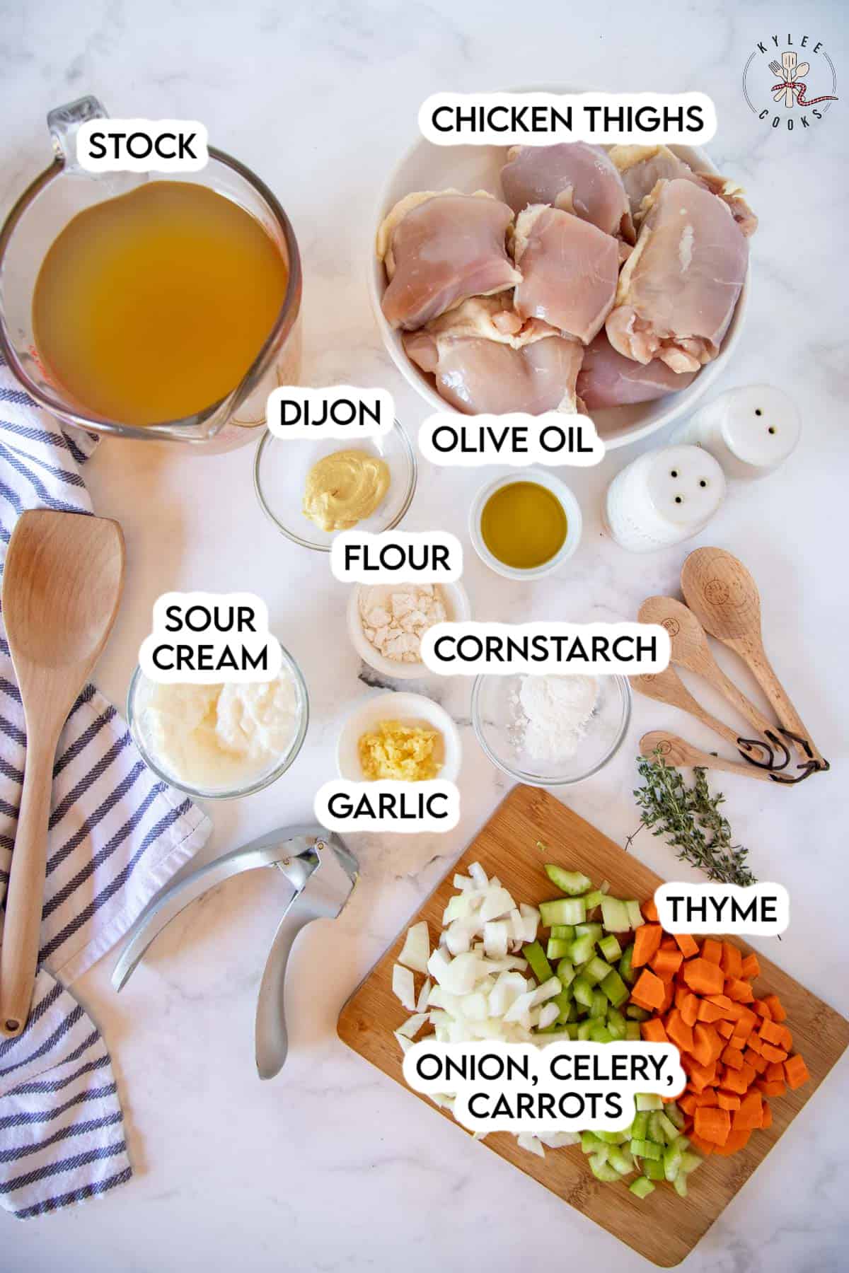 chicken stew ingredients laid out and labeled.