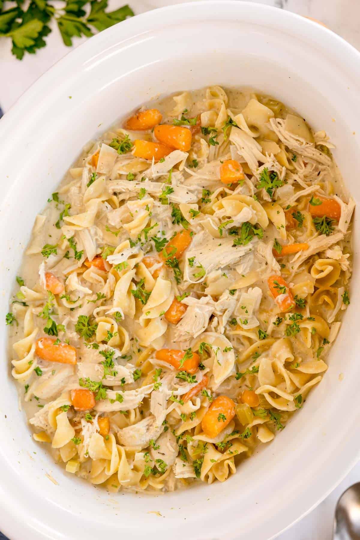 A crockpot filled with creamy chicken and noodles, baby carrots, and chopped parsley.
