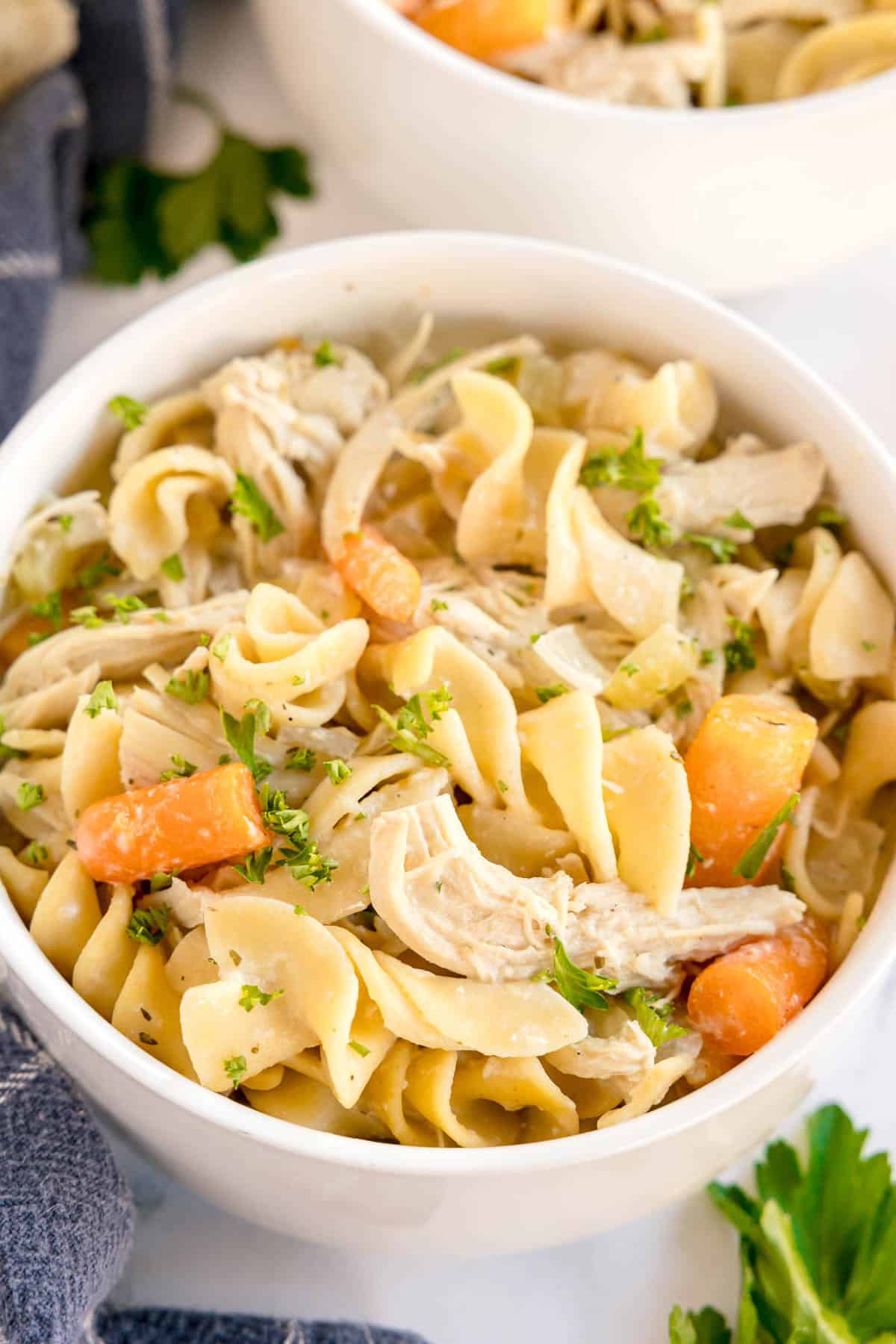White bowl filled with creamy chicken and noodles, with carrots and chopped parsley.