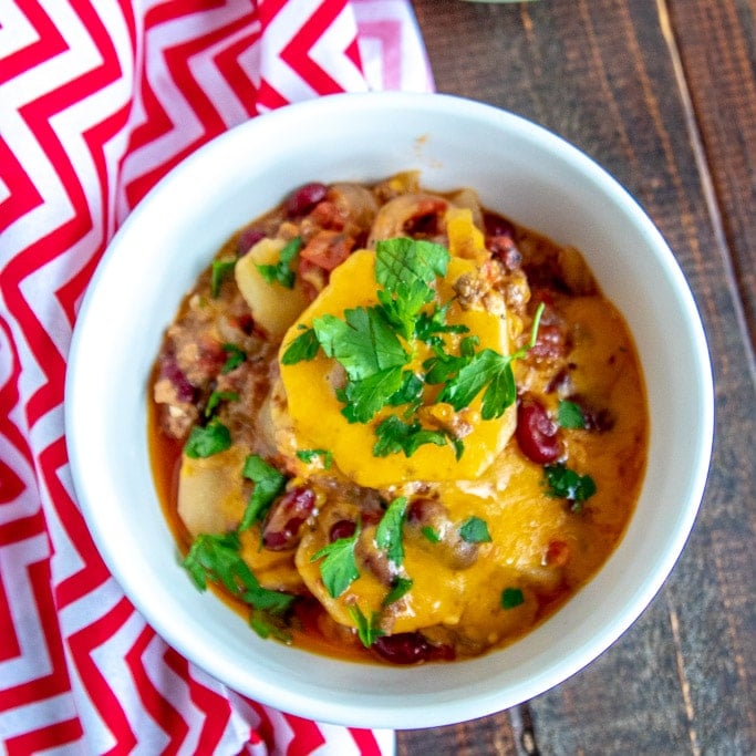 cowboy casserole in a white bowl