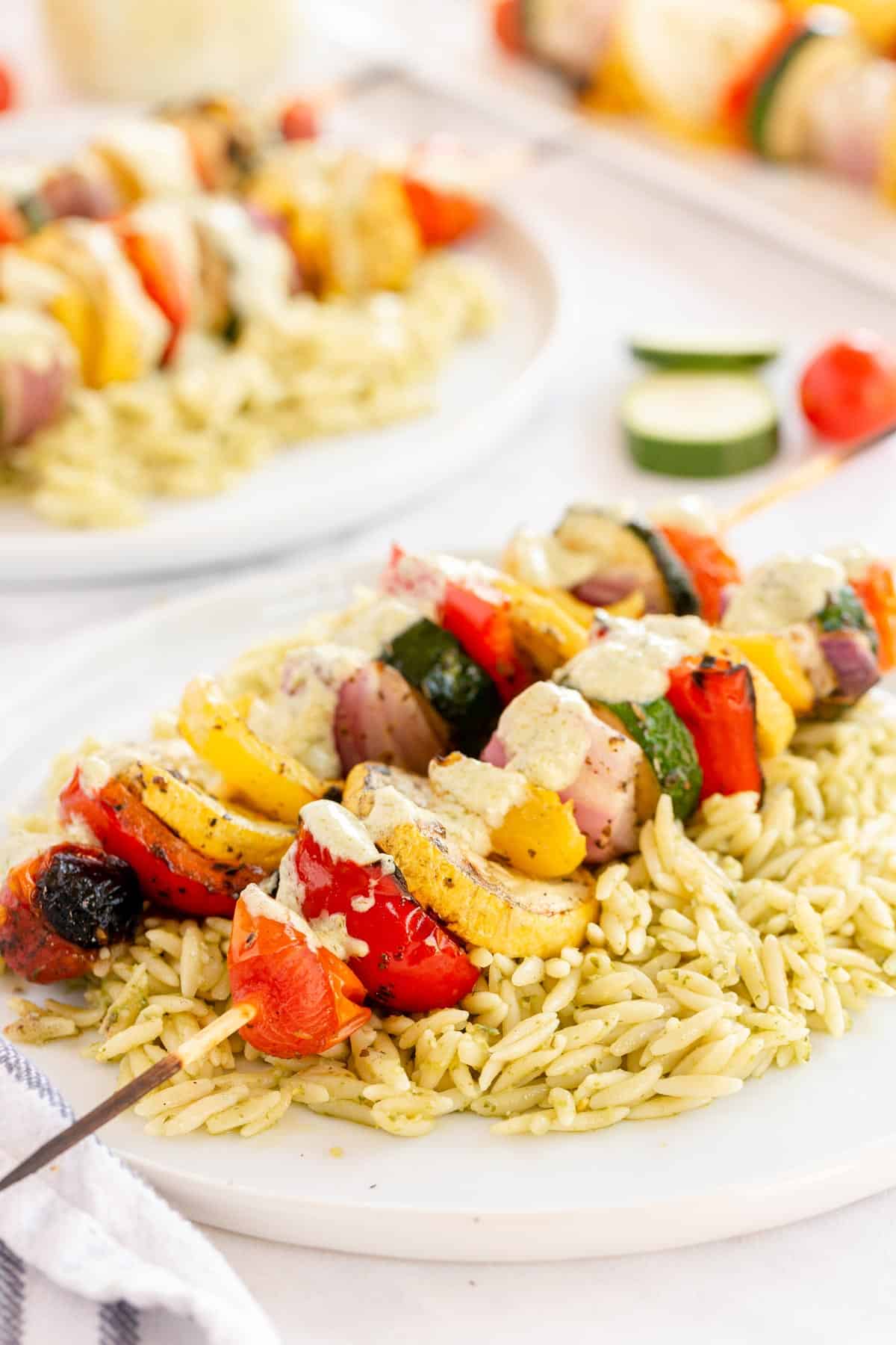 Grilled Vegetable Skewers (Kabobs) with Pesto Sauce