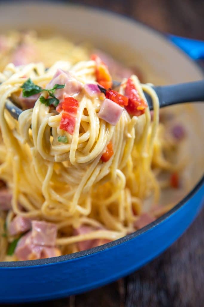 Ham tetrazzini in a blue dutch oven