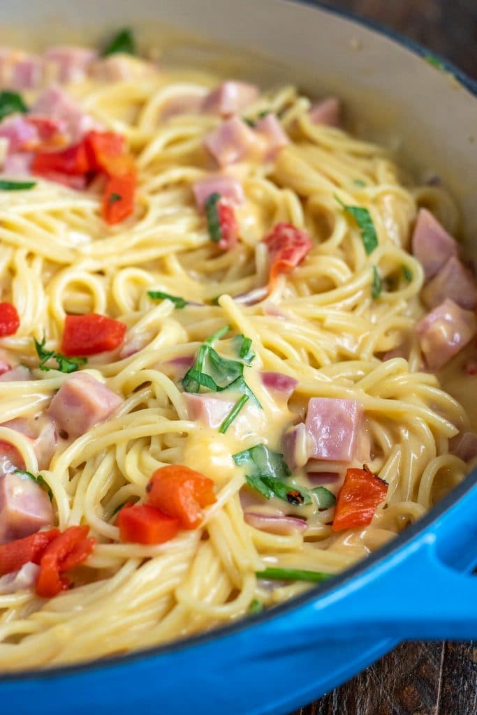 ham tetrazzini in a blue dutch oven