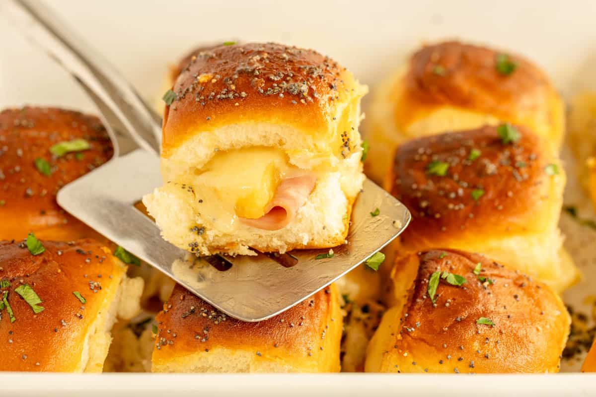 a hawaiian slider on a spatula.