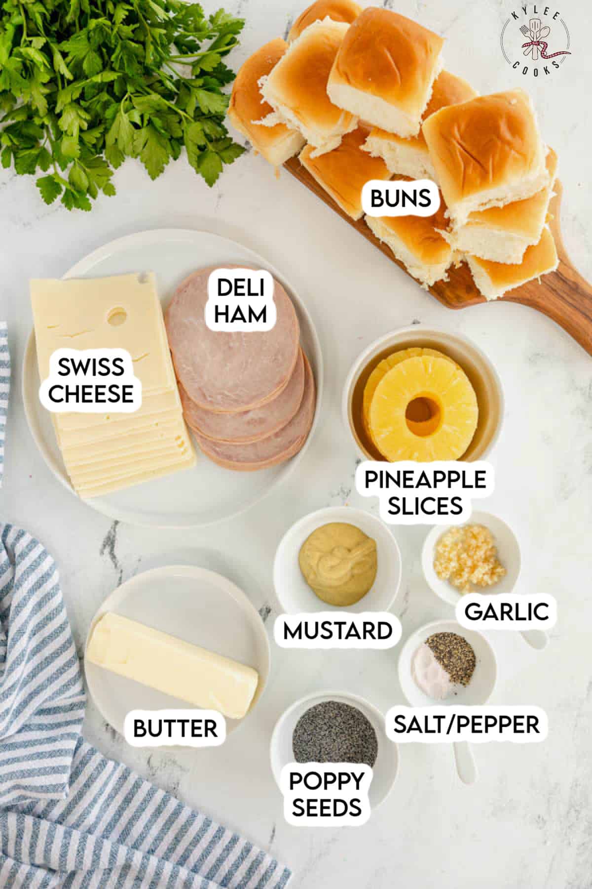 ingredients to make Hawaiian sliders laid out and labeled.