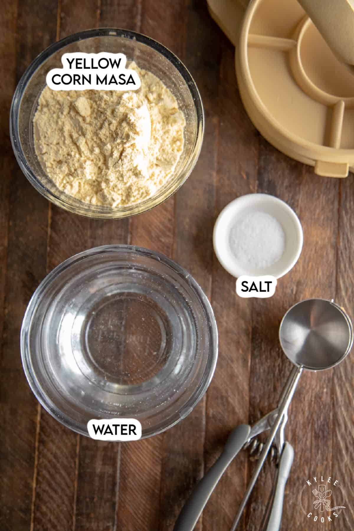 ingredients to make corn tortillas laid out and labeled