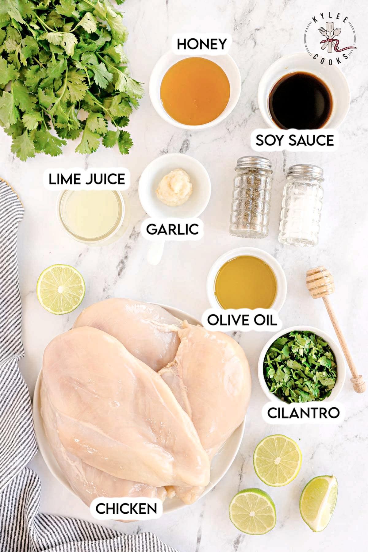 Raw chicken breasts on a plate surrounded by labeled ingredients including honey, soy sauce, lime juice, garlic, olive oil, cilantro, salt, and pepper.