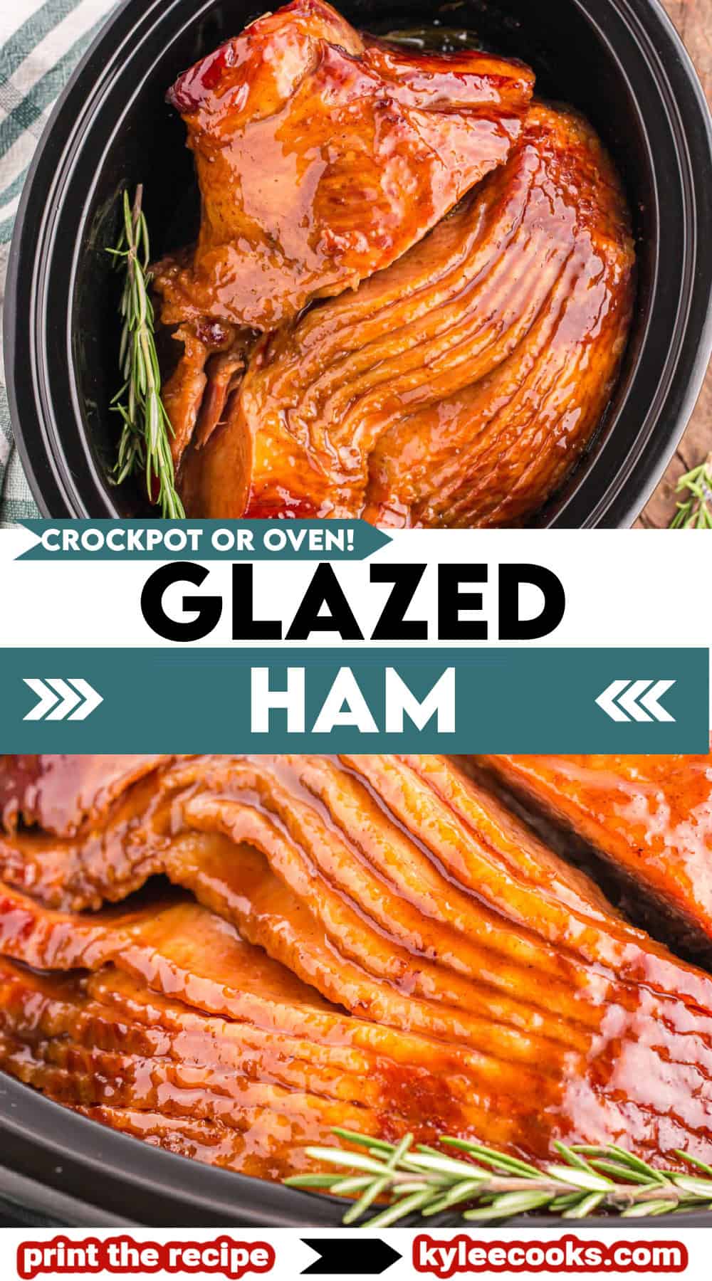Glazed ham in a crockpot with a recipe banner overlay.