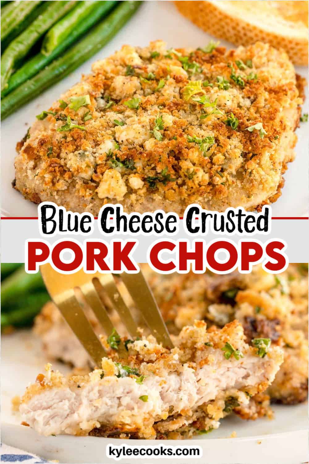 A crusted pork chop on a plate with a close-up of a fork cutting into it below. Text on the image says 'Blue Cheese Crusted Pork Chops' and includes the website name.