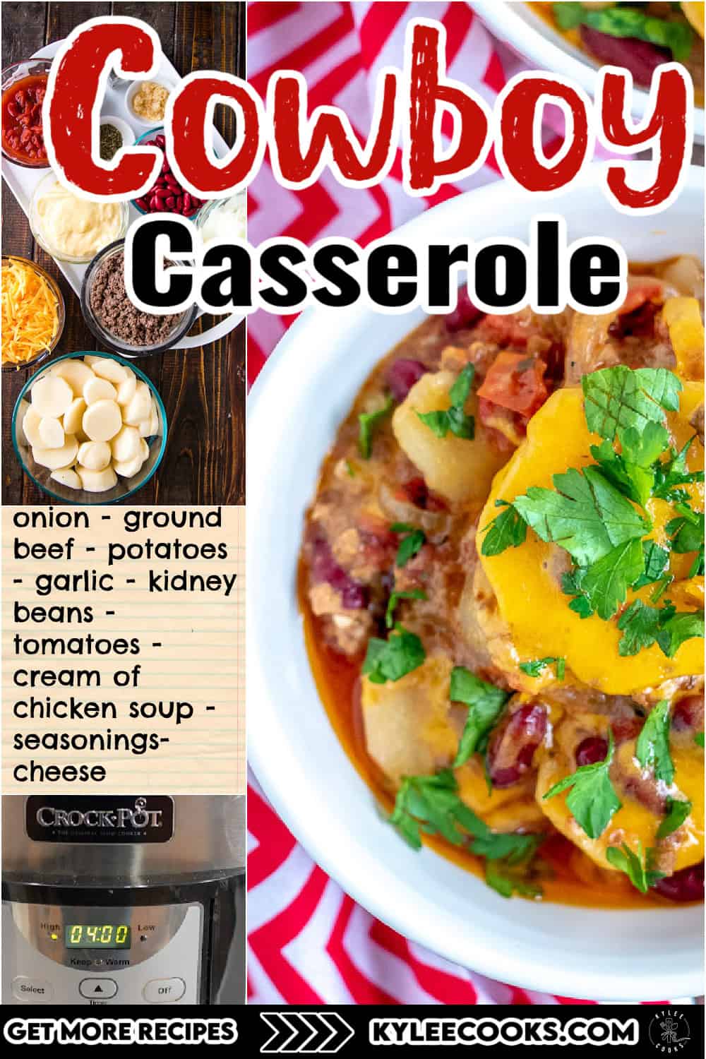 A bowl of Cowboy Casserole topped with parsley, surrounded by ingredients including onion, ground beef, potatoes, garlic, kidney beans, tomatoes, chicken soup, seasonings, and cheese.