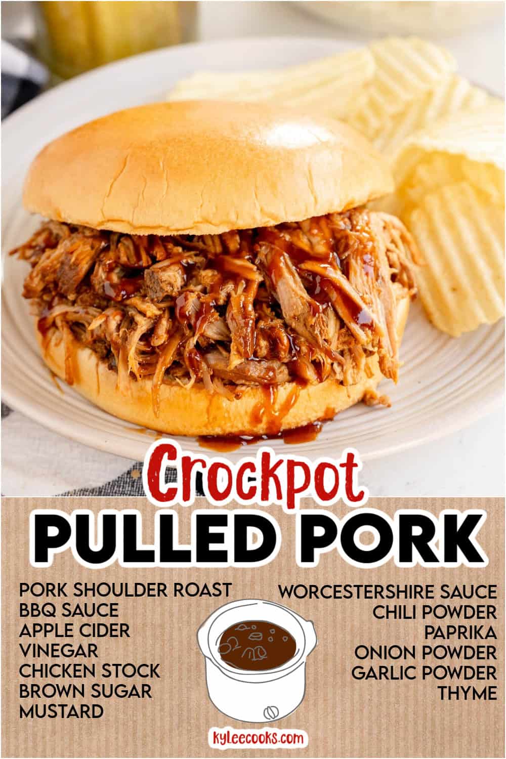 A sandwich with pulled pork in BBQ sauce sits on a plate. Below the sandwich, ingredients for crockpot pulled pork are listed, including pork shoulder roast, BBQ sauce, apple cider vinegar, and spices.