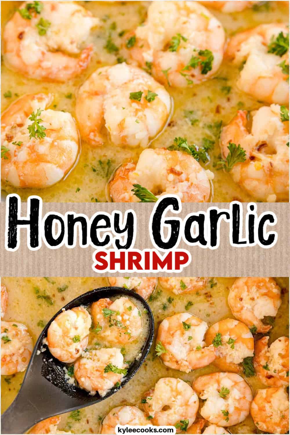 Two close-up shots of shrimp in sauce, one with a spoon. Text on the image says 'Honey Garlic SHRIMP'.