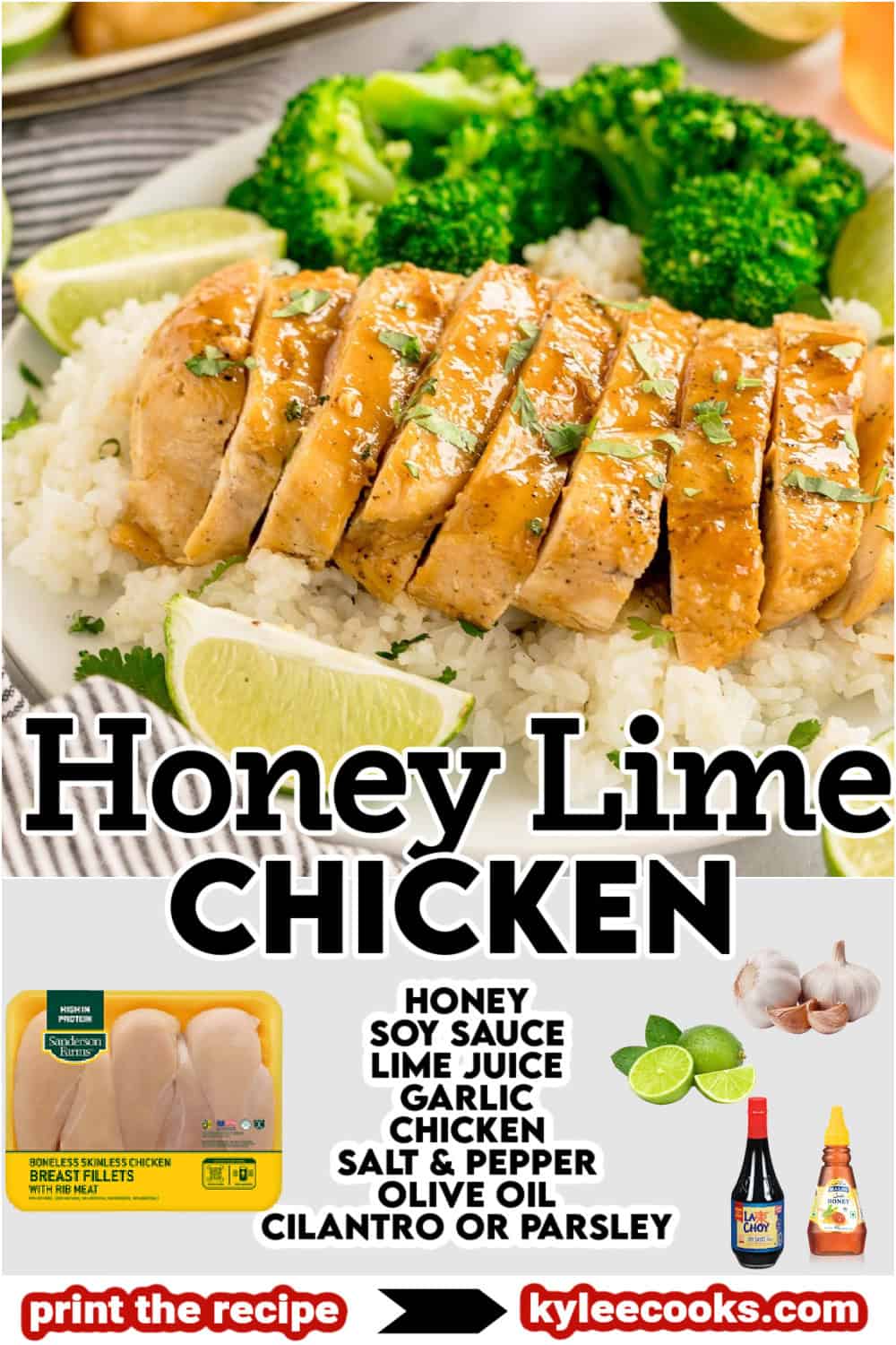 Sliced honey lime chicken on rice with broccoli and lime wedges. Text on the image says 'Honey Lime Chicken'. Ingredients and branding shown below.