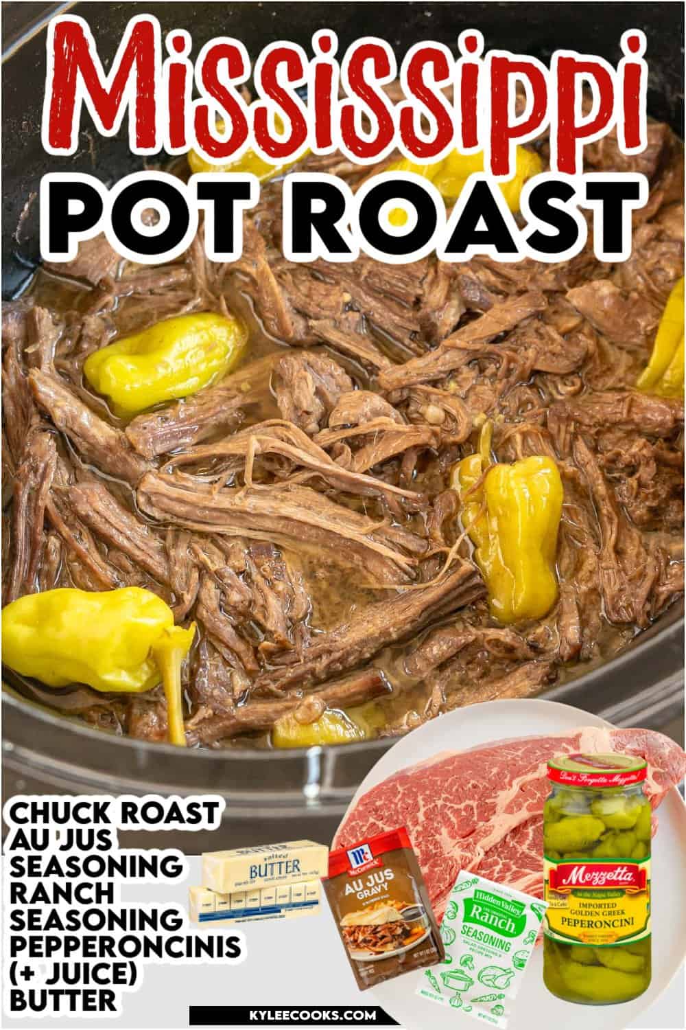 Close-up of Mississippi pot roast with pepperoncinis, butter, and seasoning packets. Ingredients shown. Text overlay: "Mississippi Pot Roast".