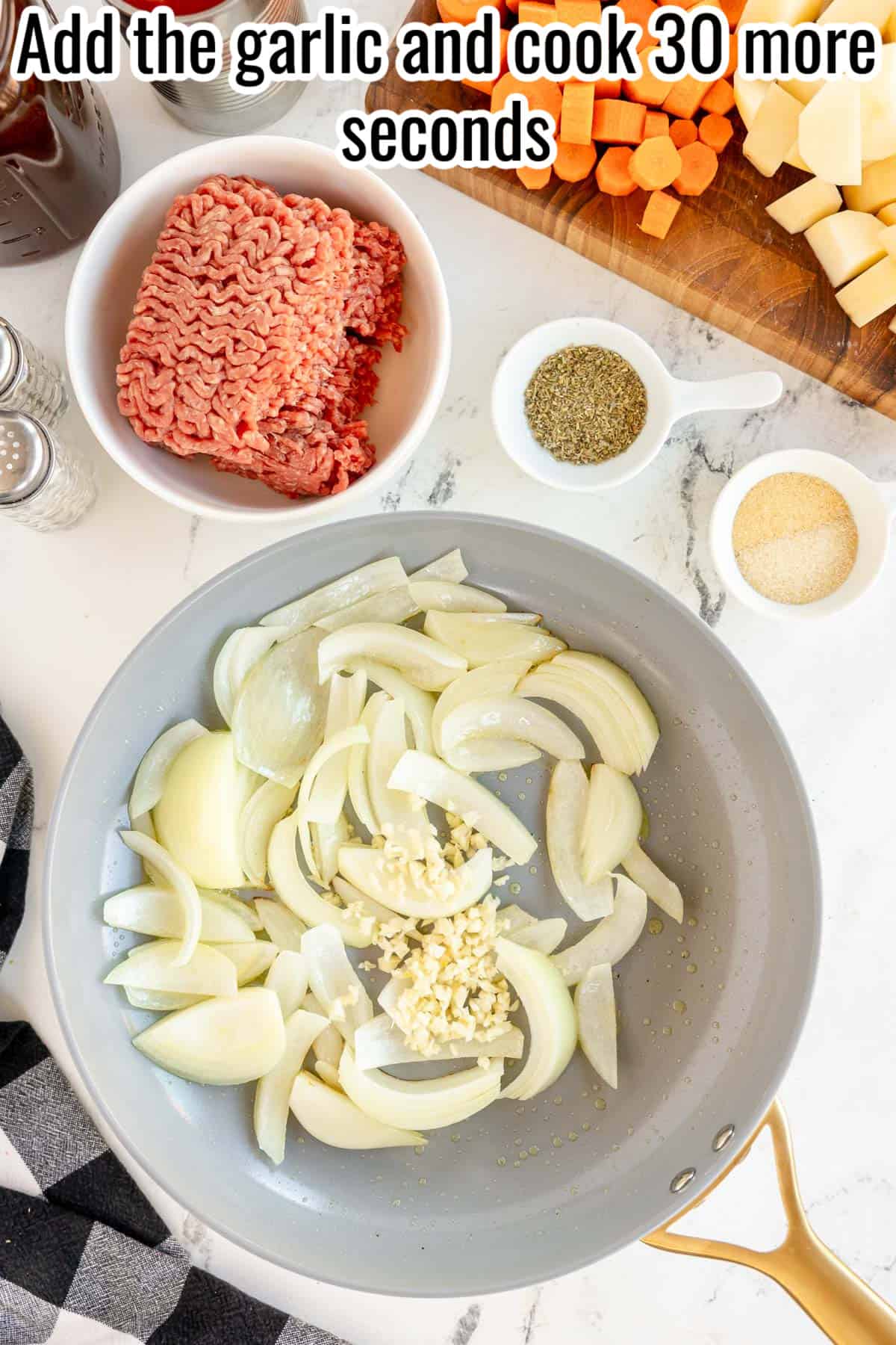 cooked onions with garlic, in a skillet.