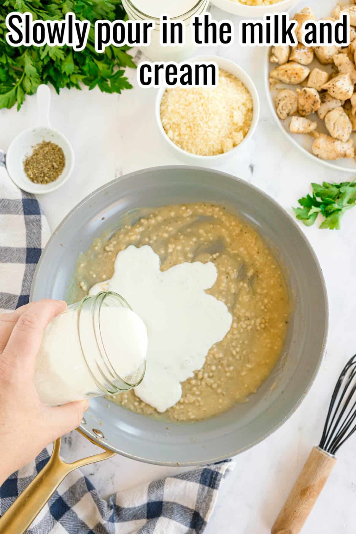 Milk and cream being poured into the skillet with flour mixture. Text on the image says 'Slowly pour in the milk and cream'.