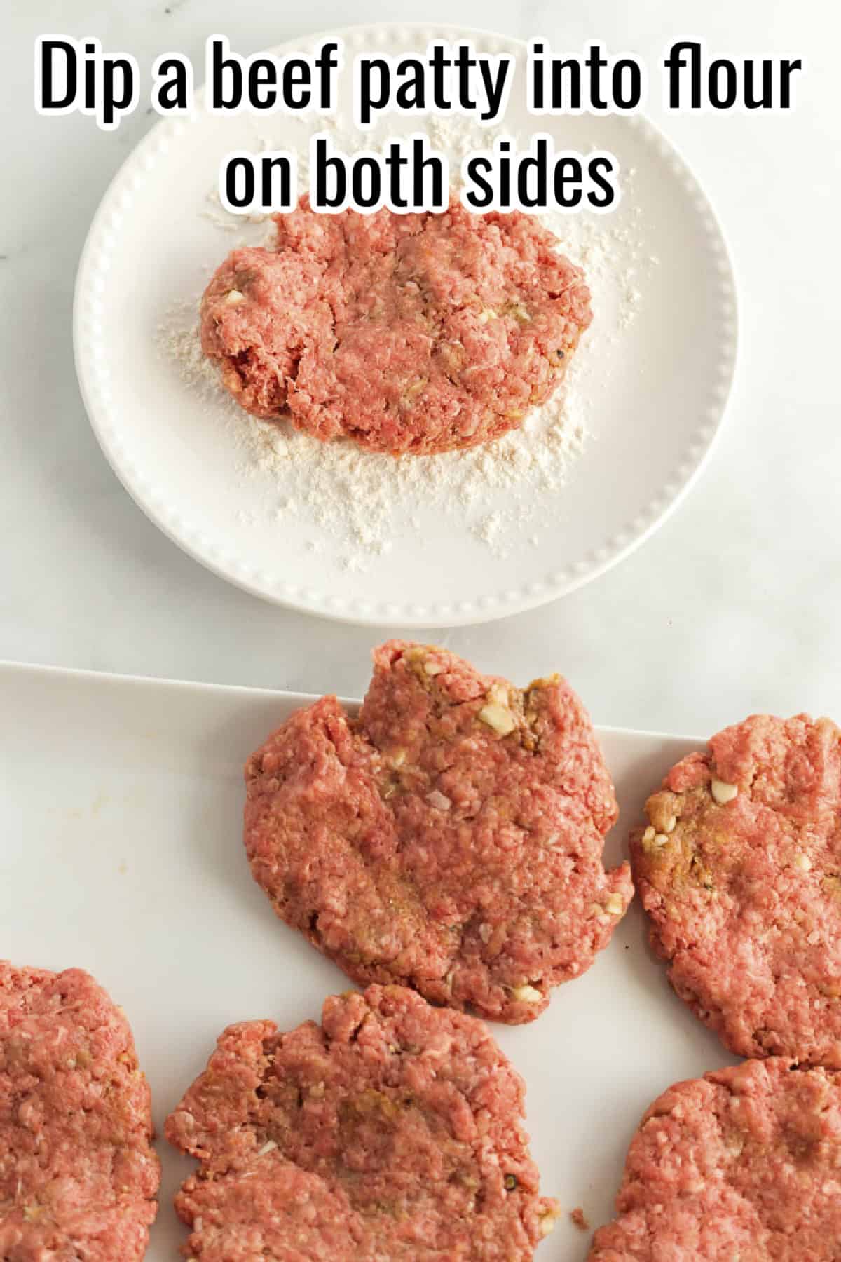 A raw beef patty being dipped into flour on a white plate, with text overlay reading "Dip a beef patty into flour on both sides."