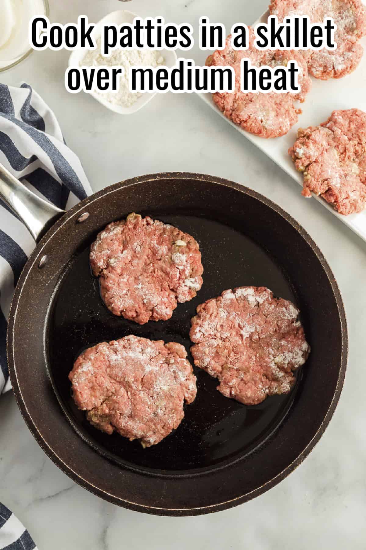 Beef patties frying in a black skillet over medium heat, with text overlay reading "Cook patties in a skillet over medium heat."