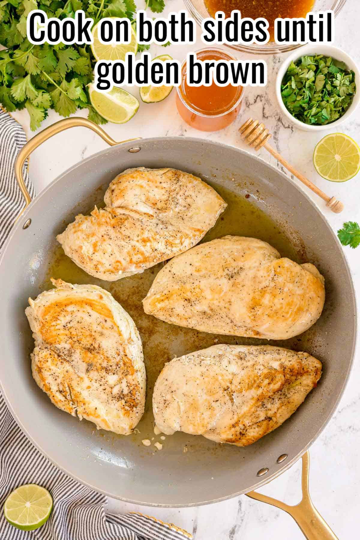 Chicken breasts in a skillet turning golden brown. Text on the image says 'Cook on both sides until golden brown'.