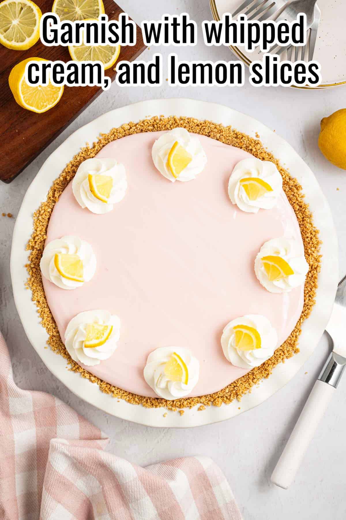 A white pie dish filled with pale pink filling. Text says 'Add the filling to the crust and freeze 6 hours'.