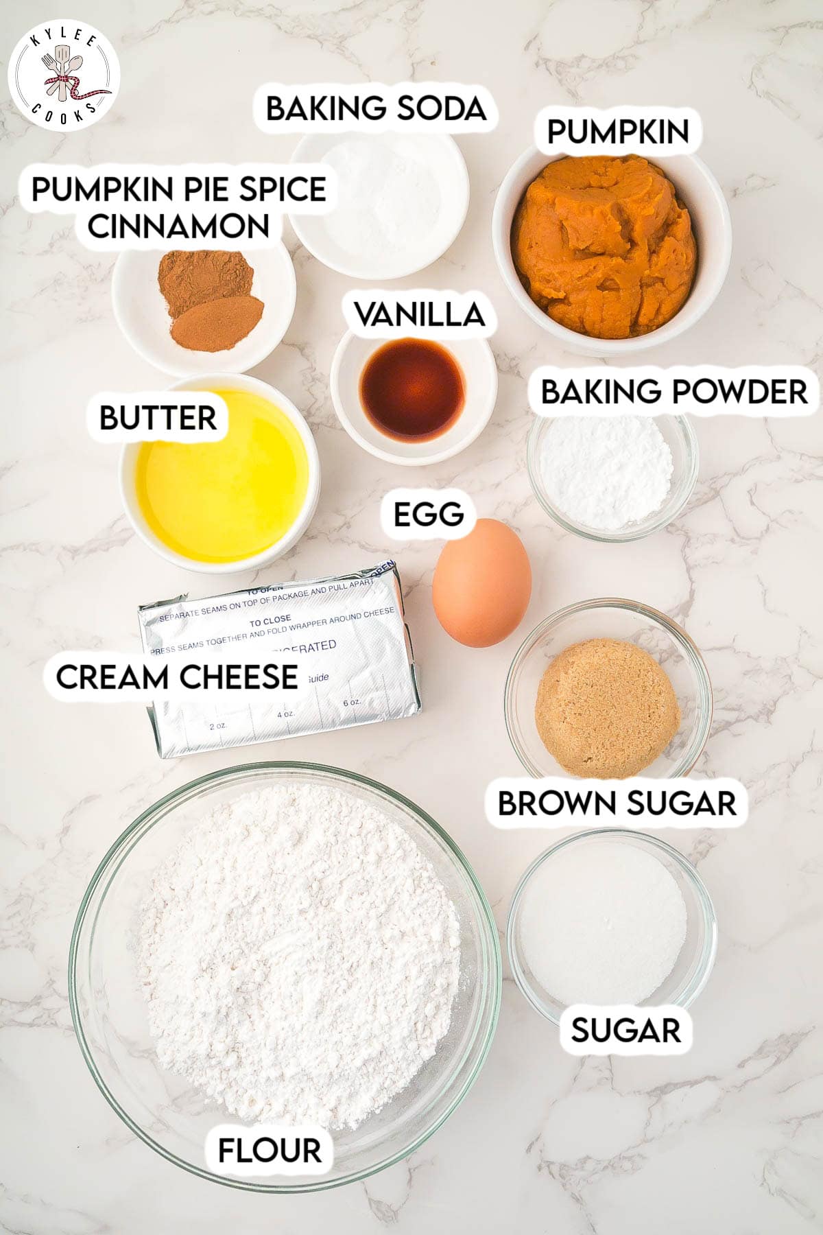 Bowls of flour, sugars, pumpkin, egg, butter, cream cheese, vanilla, baking powder, baking soda, and spices. Text labels each ingredient.