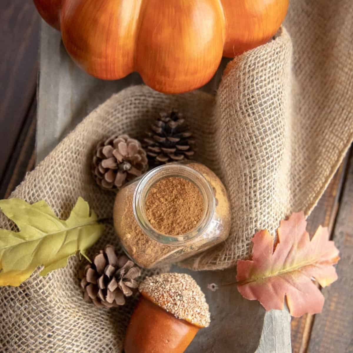 A jar of ground spice, two pinecones, fake autumn leaves, a small decorative acorn, and a pumpkin on burlap fabric.