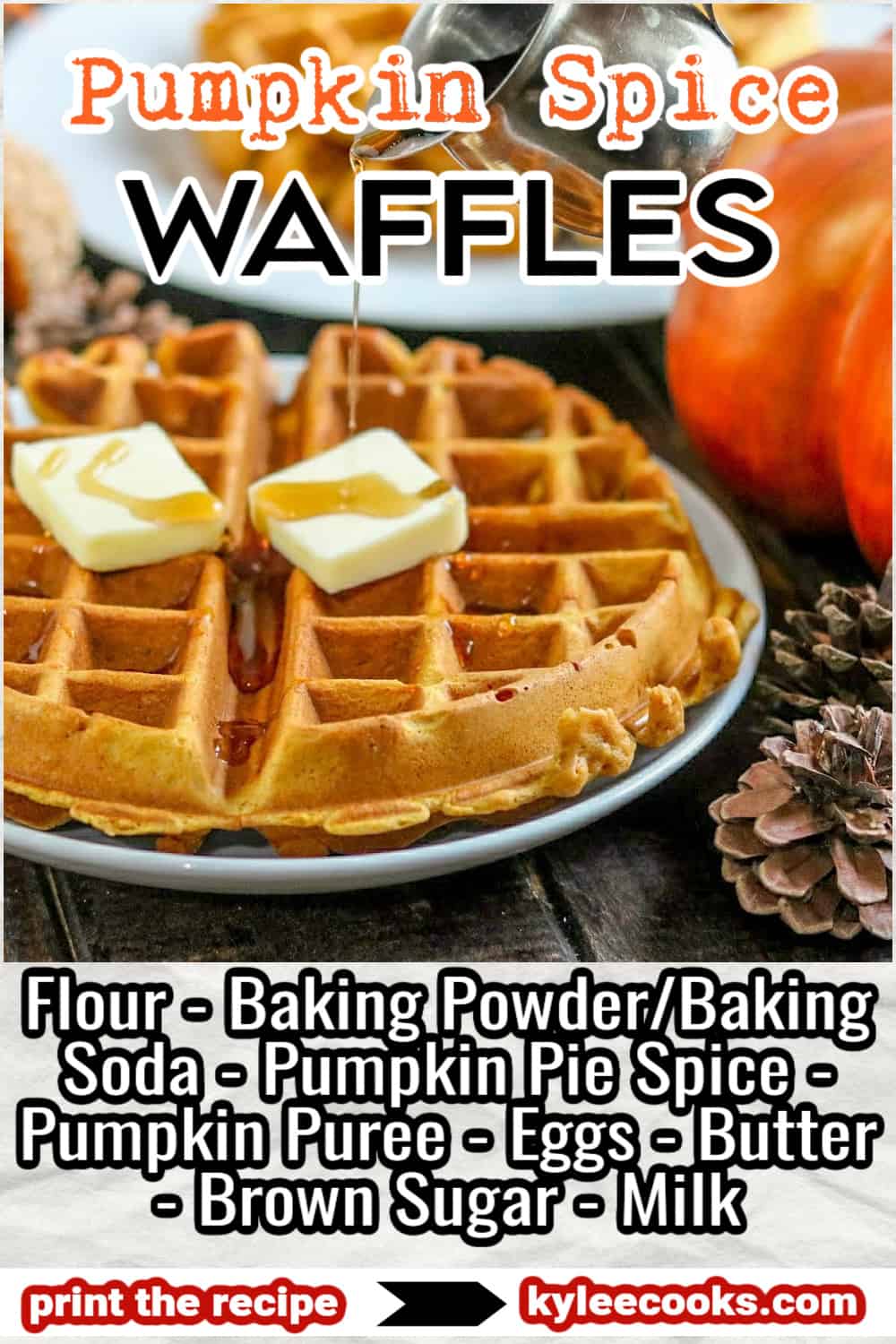 pumpkin waffles in quarters on a white platter with pinecones