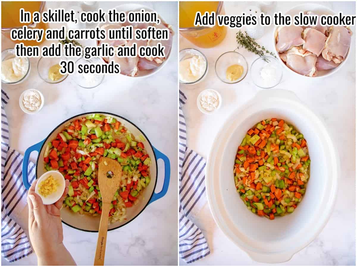collage of cooking vegetables in a dutch oven for slow cooker chicken stew.