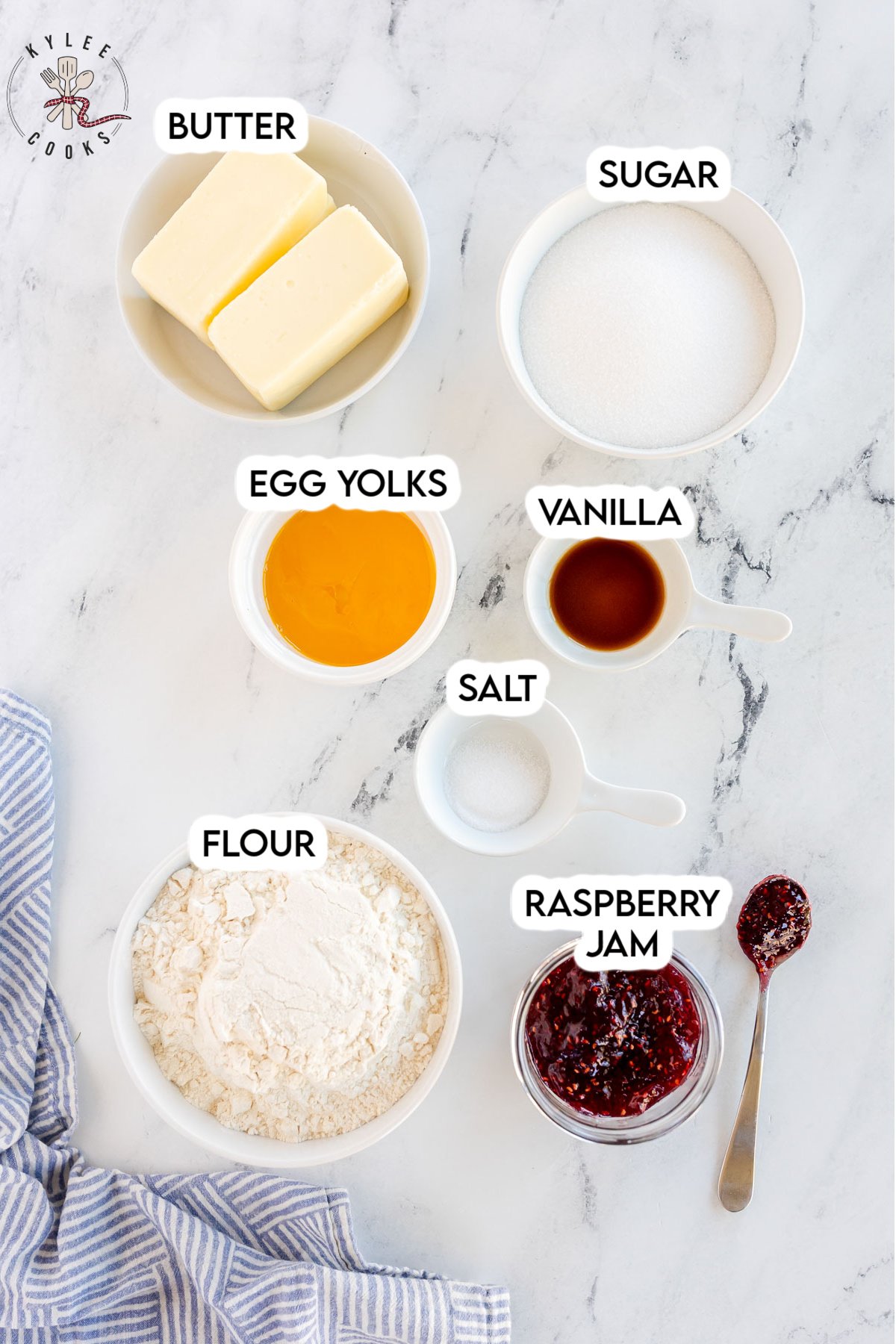 thumbprint cookie recipe ingredients laid out and labeled.