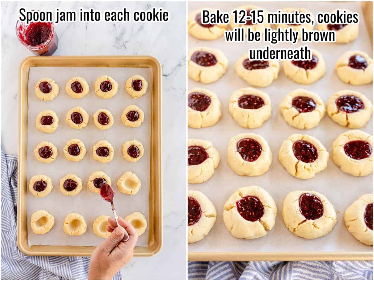 collage of process shots, filling cookies with jam and baked cookies on a sheet pan.